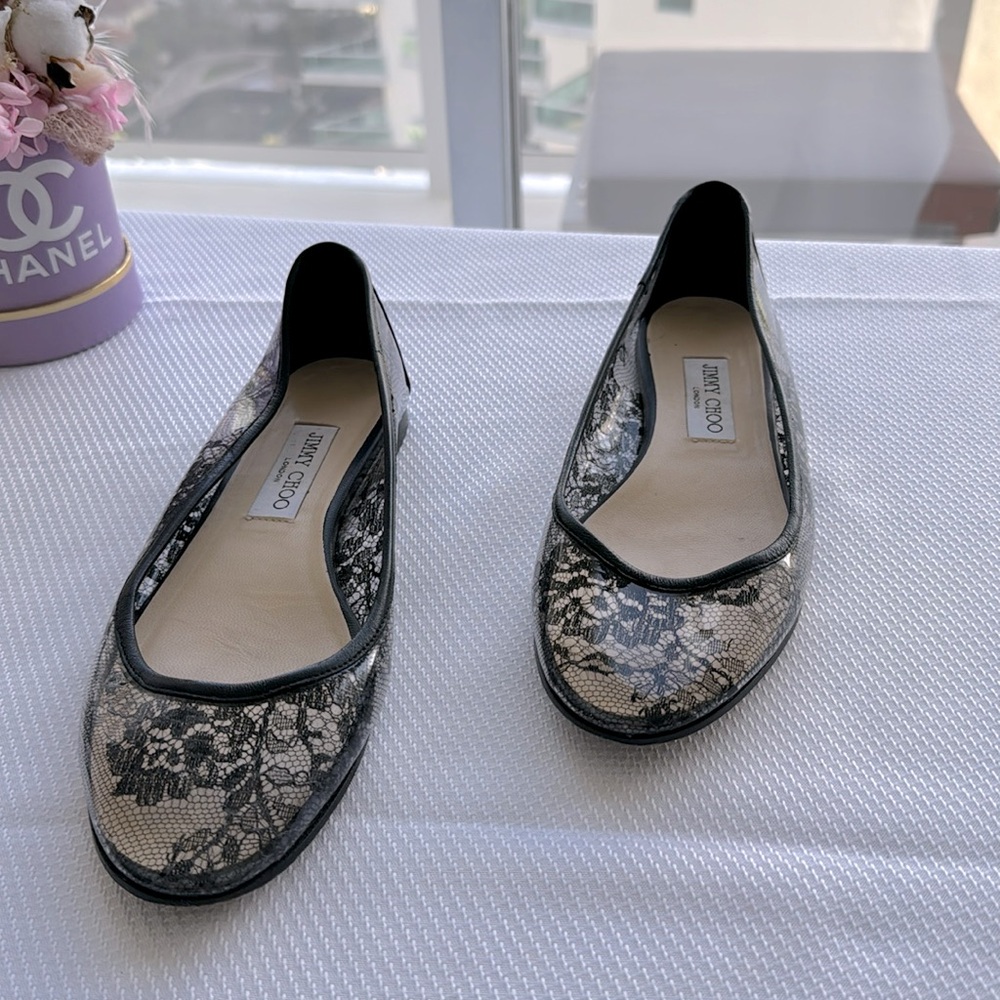 Jimmy choo black lace print ballet flats size 39.5